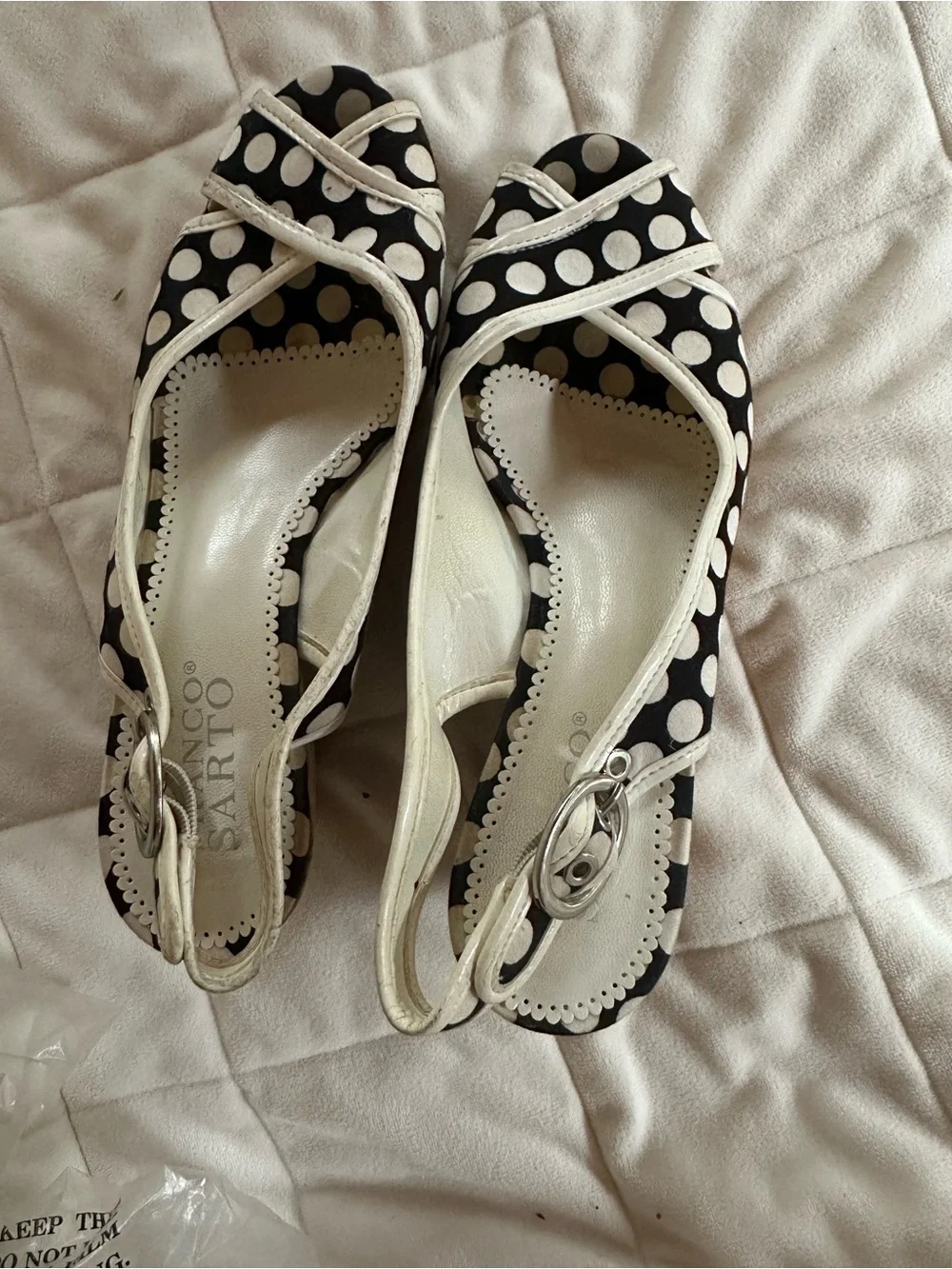 Franco SARTO Polka Dot Peep-Toe Slingback Wedges - Black & White